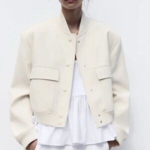 ZARA Cream Bomber Jacket with Ribbed Cuffs - M